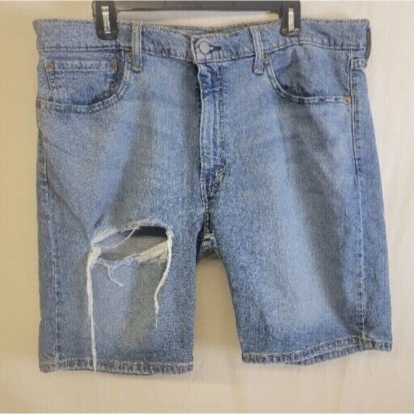 Levis 412 Shorts 38 Mens Blue Denim Casual Jeans Slim Fit Distressed - Picture 1 of 9